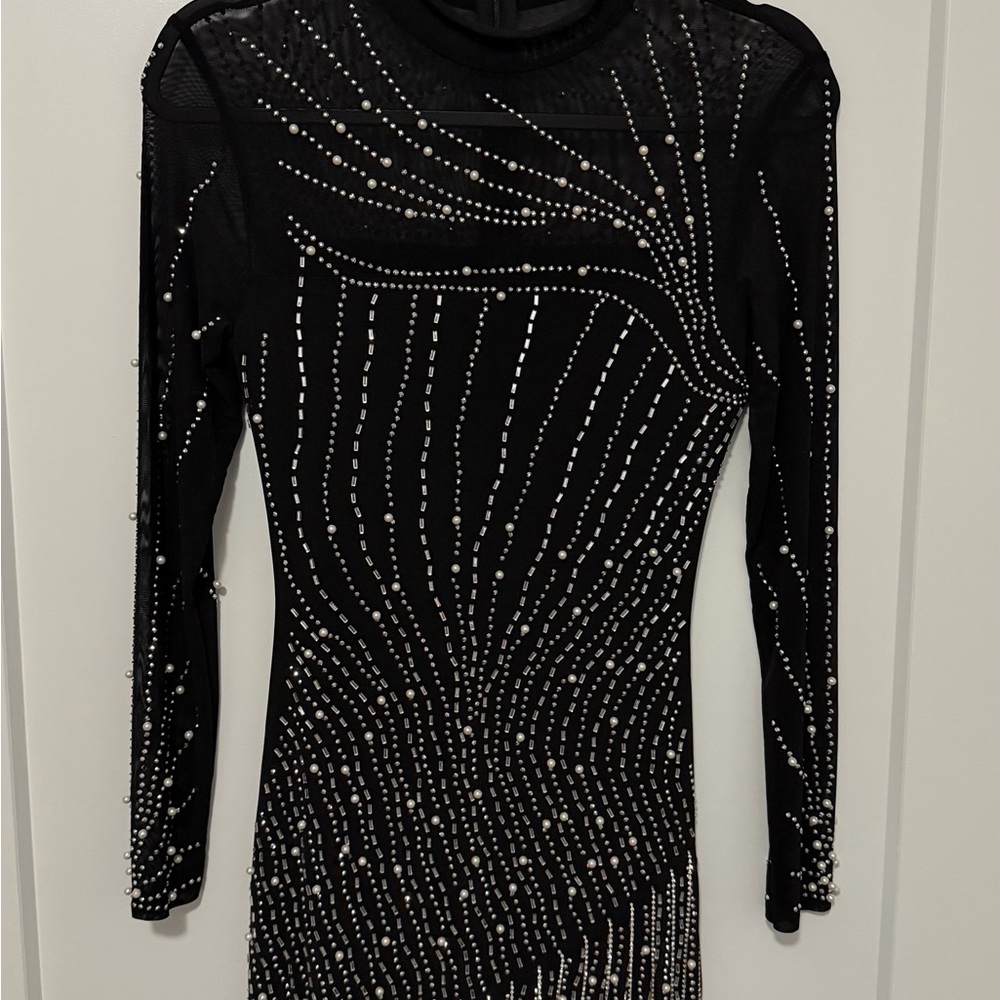 Elegant Black Long-Sleeve Embellished Dress